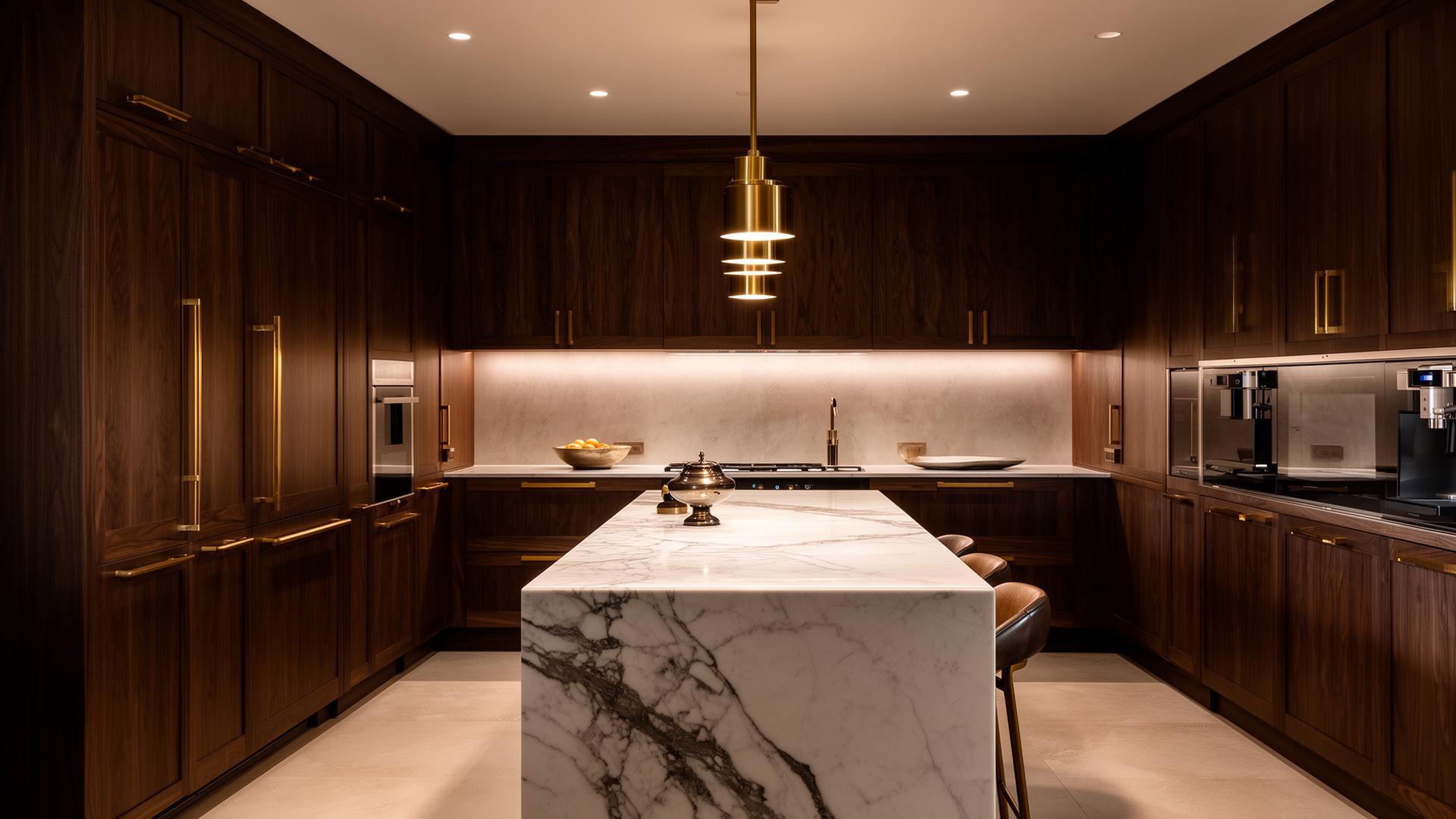 Luxury custom walnut kitchen with marble waterfall island and brushed gold hardware